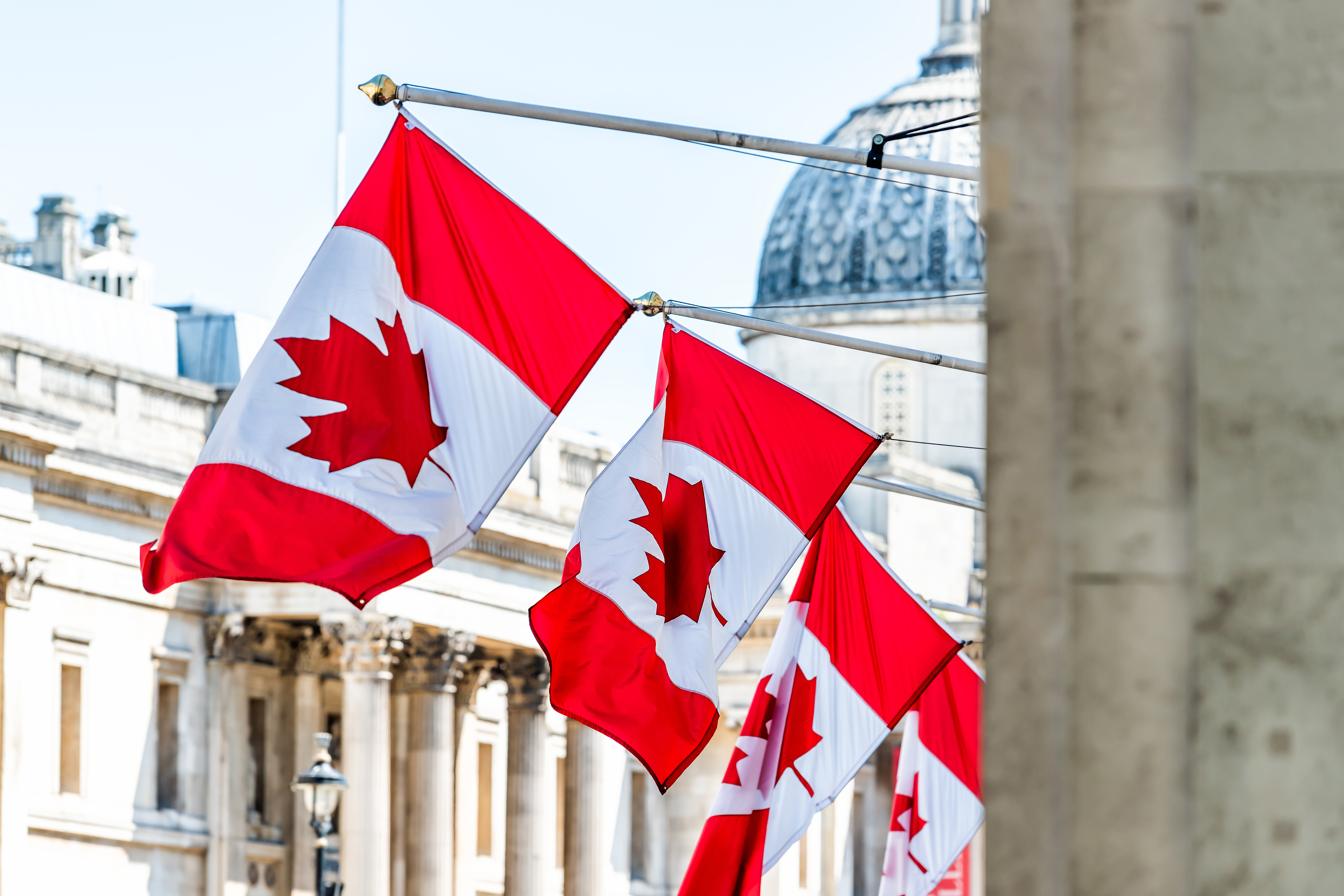 A state building with flags testifies to the work of immigration services, which increases the chances of passing the Entry Express to move to Canada