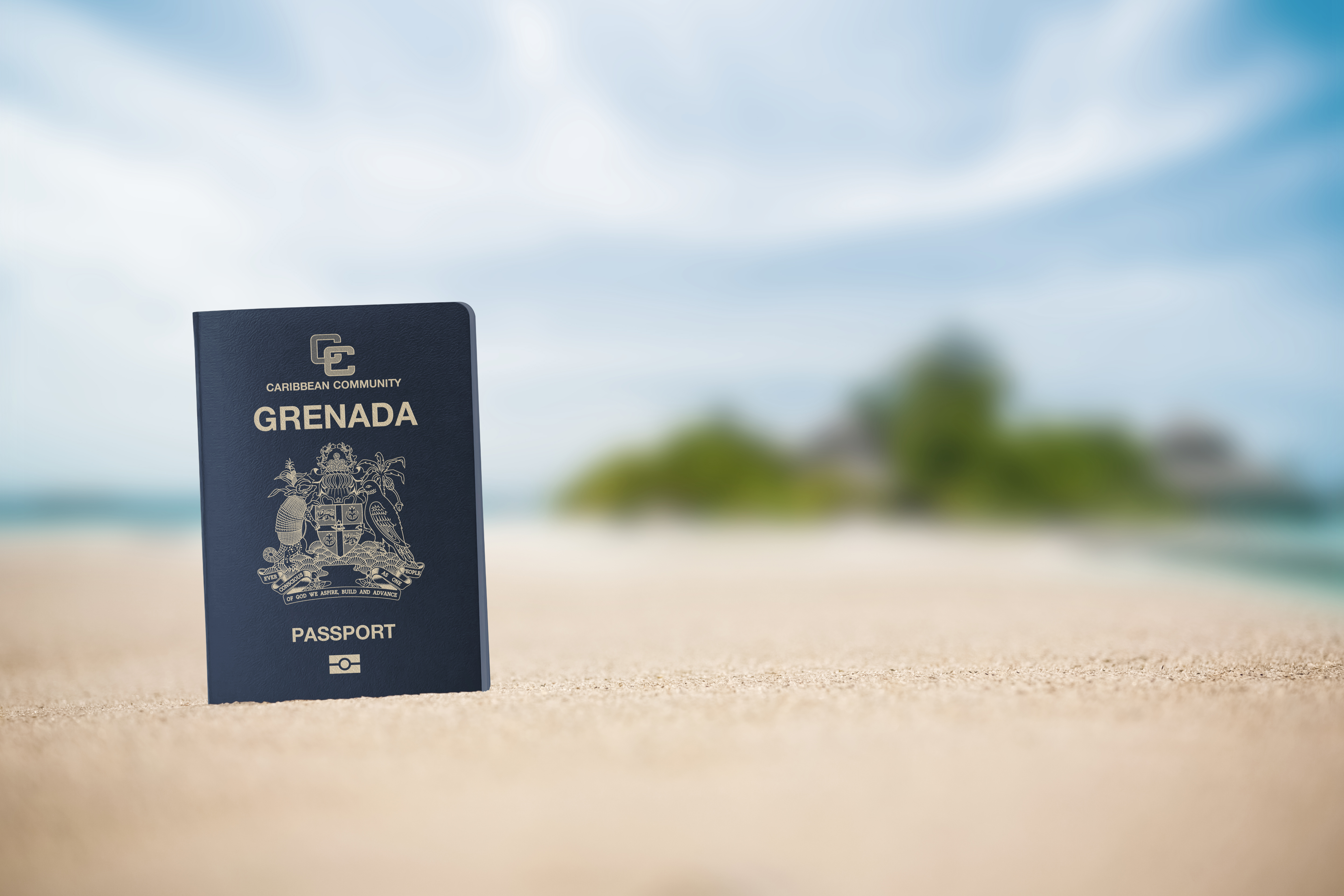Passport on the background of the coast of Grenada symbolizes the citizenship of the Caribbean islands