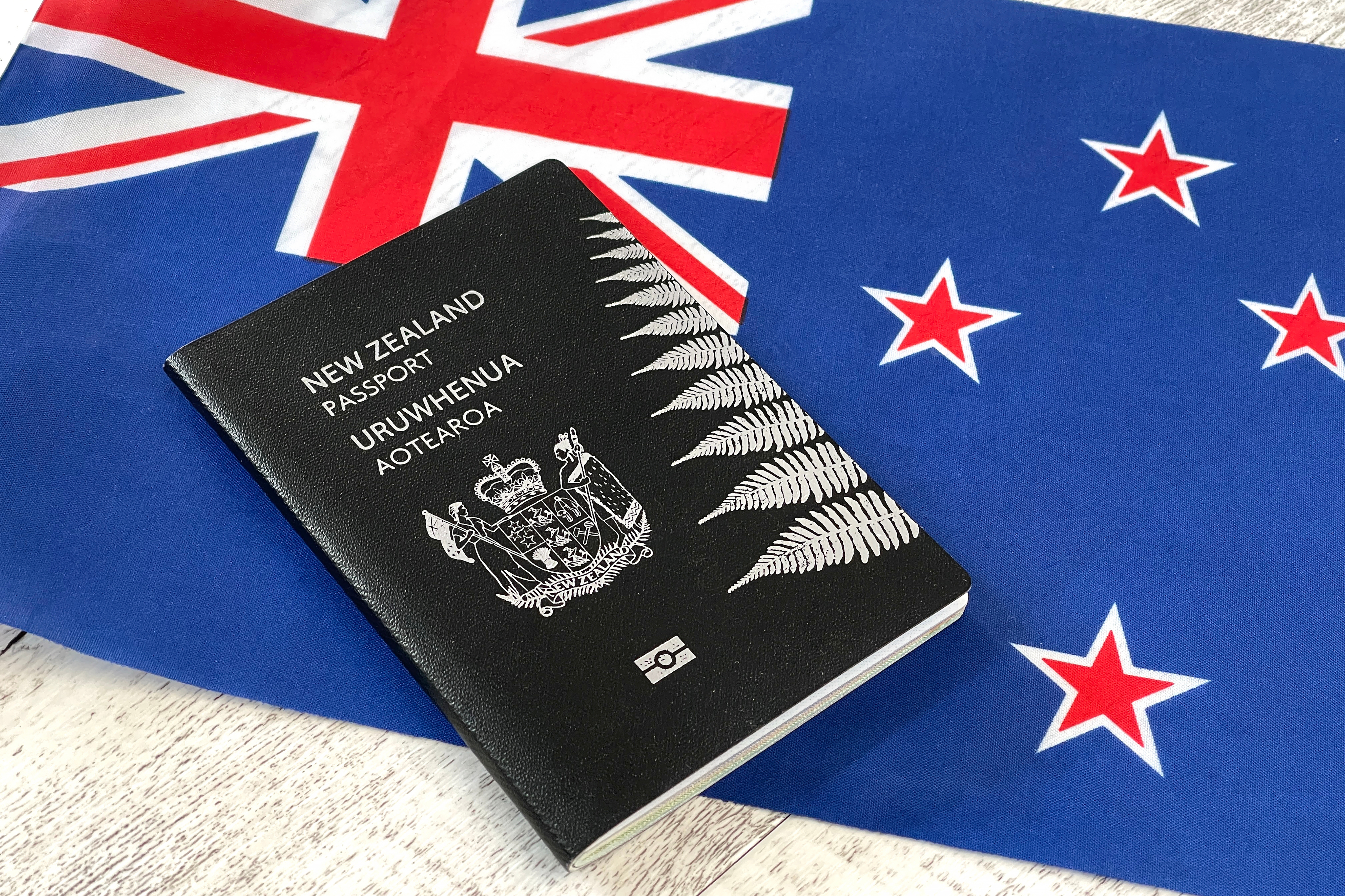 New Zealand passport on the background of the flag