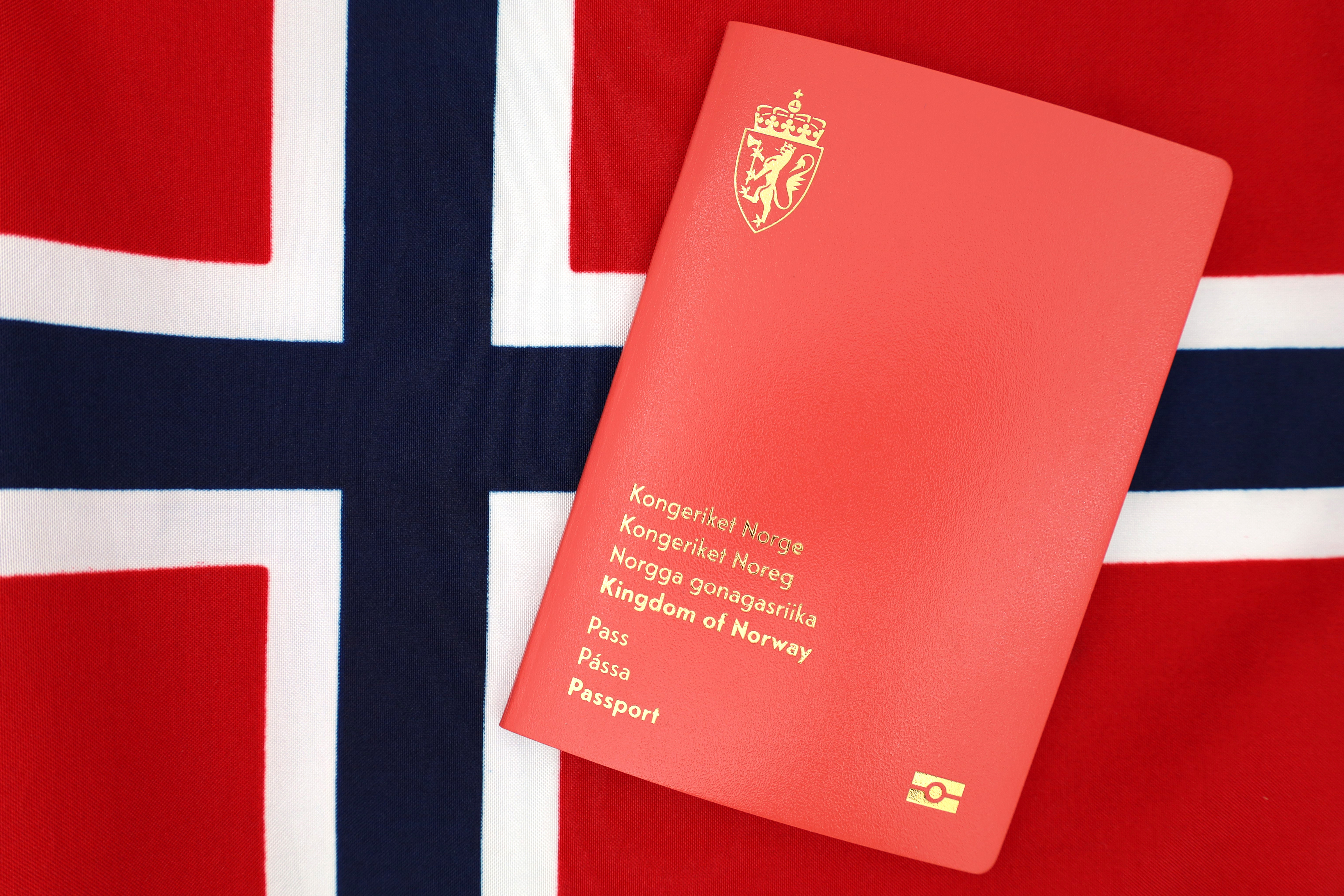 Norway passport on flag background
