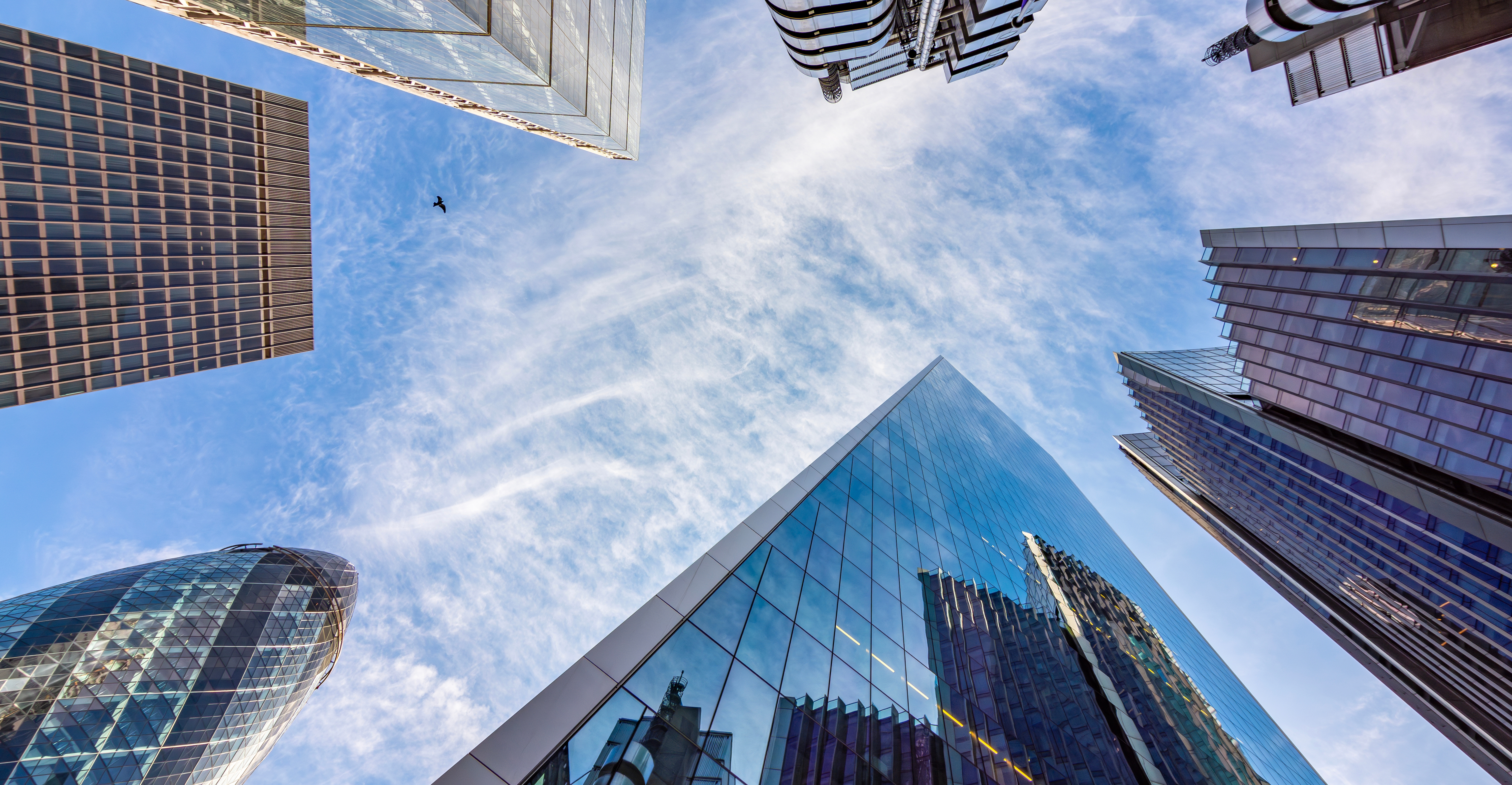 Modern glass skyscrapers viewed from below, symbolizing global business environments and international economic hubs