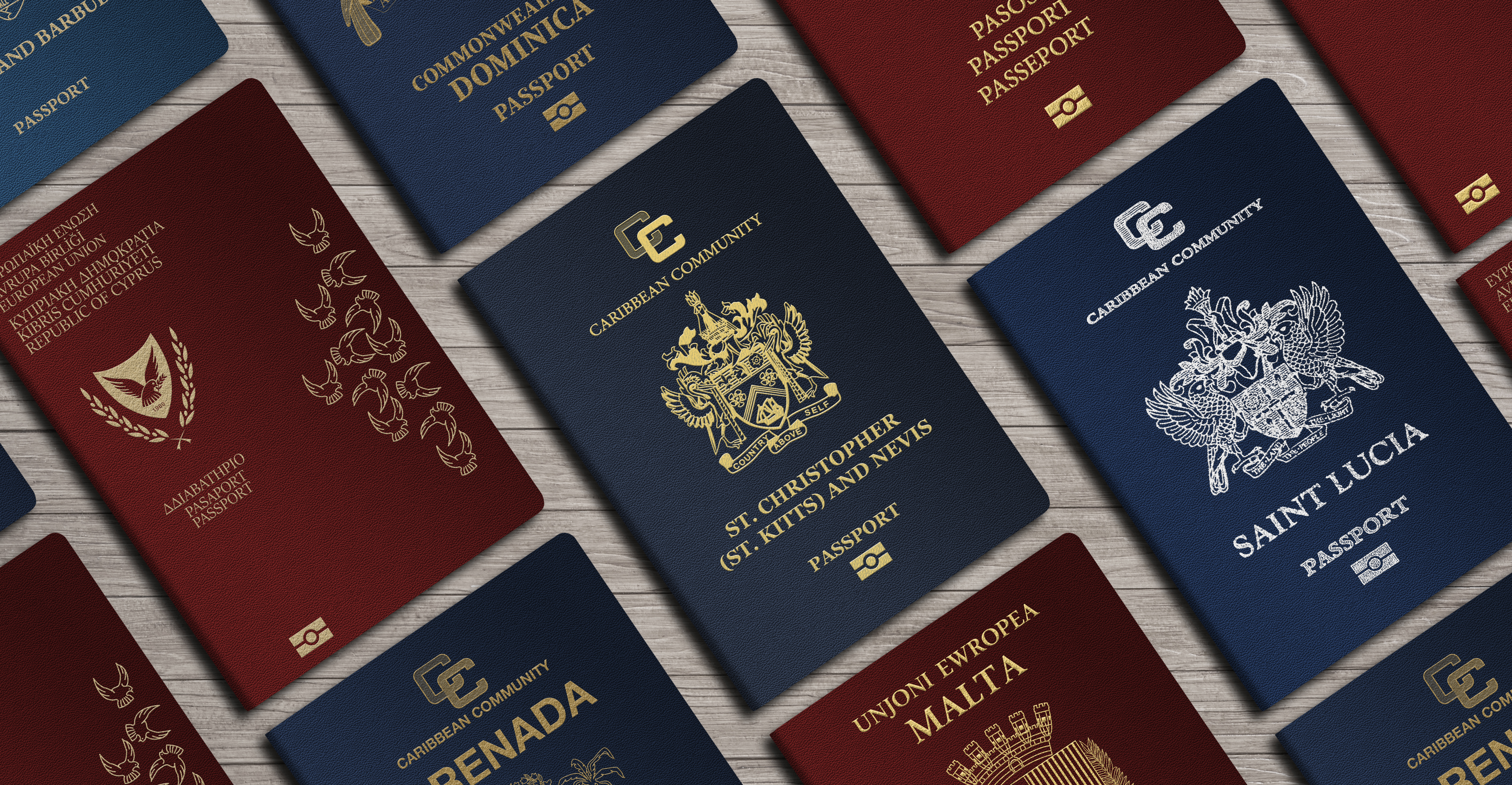 A collection of international passports arranged together, illustrating multiple citizenship options related to investment programs