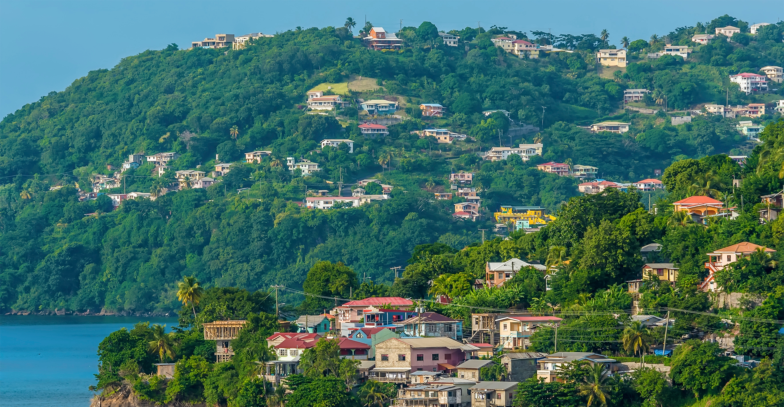 Живописные дома на холмах Гренады с видом на Карибское море — прибрежная недвижимость на Карибах среди тропической природы