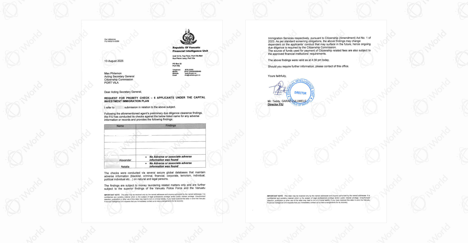 Скан результатов проверки FIU в рамках оформления документов Вануату