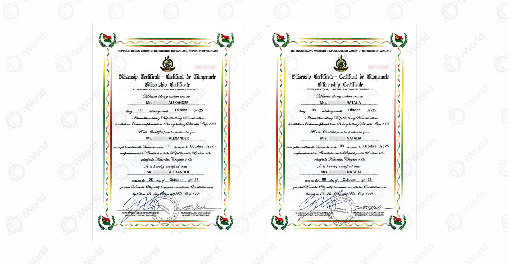 Скан сертификатов о гражданстве Вануату, выданных государственными органами