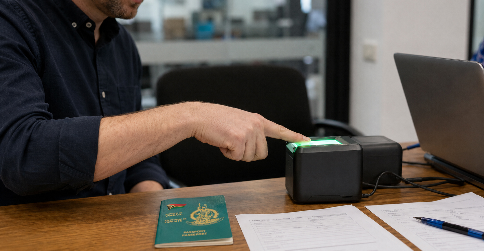 Person scanning fingerprint beside a passport and documents during identity verification for passport renewal services