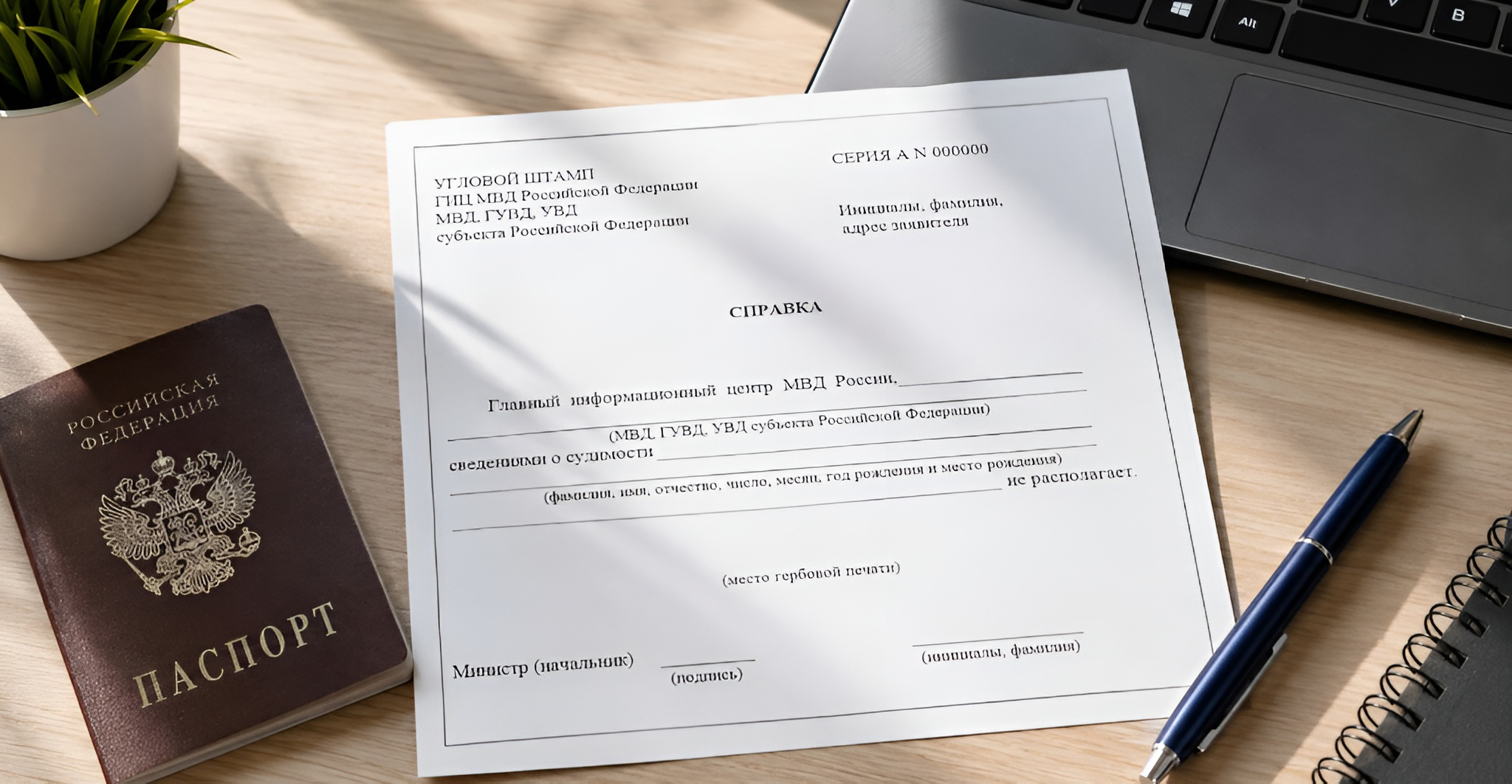 Российский паспорт и справка о несудимости на столе для подачи на ВНЖ или гражданство