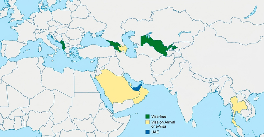 A map highlighting countries in Europe, the Middle East, and Asia, showing the various entry requirements for travelers holding a UAE residence permit