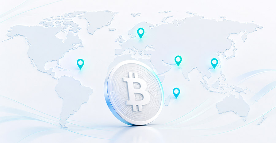Символ Bitcoin на фоне карты мира с несколькими географическими отметками, иллюстрирующий выбор юрисдикции для получения криптолицензии